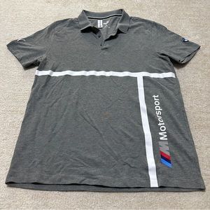 Puma Men's Large BMW Motorsports Gray Knit Polo Shirt White Stripe Racing